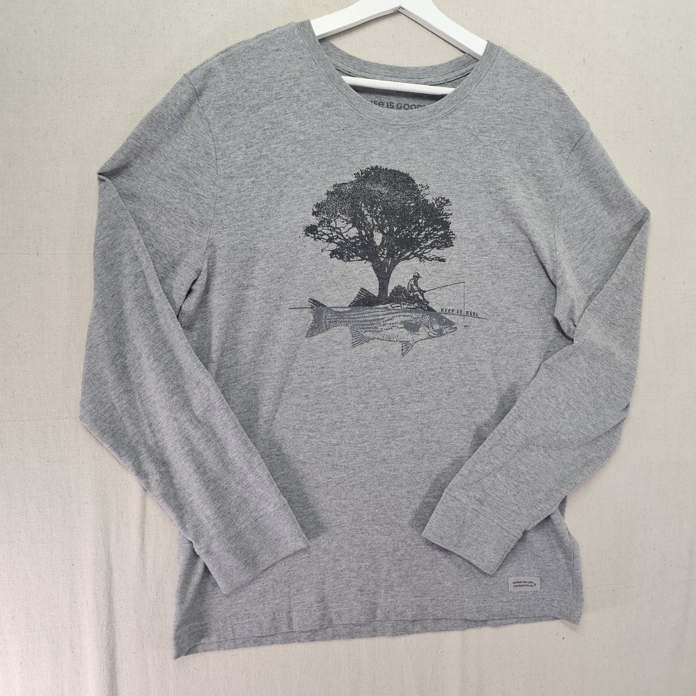 Life is Good Men's Medium Gray Keep It Reel Fish Tree Island Graphic Print Shirt